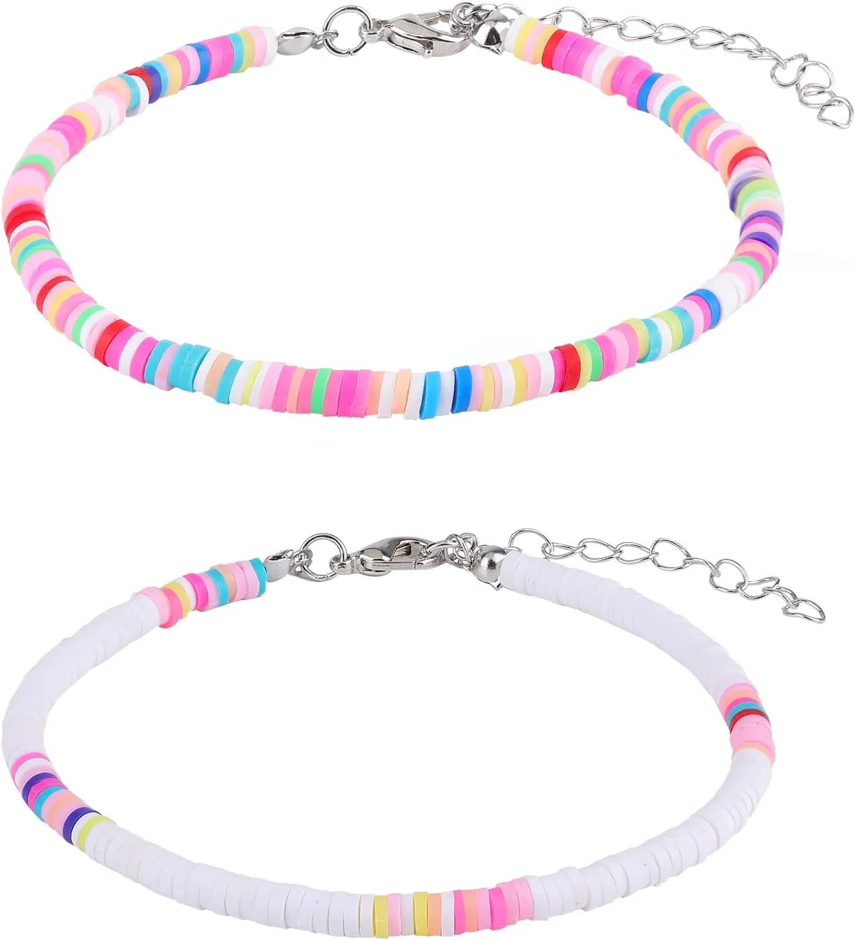 2pcs Bohemian Anklet, Soft Pottery Flat Bead Anklets Bracelets Stylish Colorful Ankle Bracelets String Foot Chain for Women(White, Colored)
