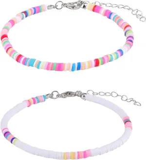 2pcs Bohemian Anklet, Soft Pottery Flat Bead Anklets Bracelets Stylish Colorful Ankle Bracelets String Foot Chain for Women(White, Colored)