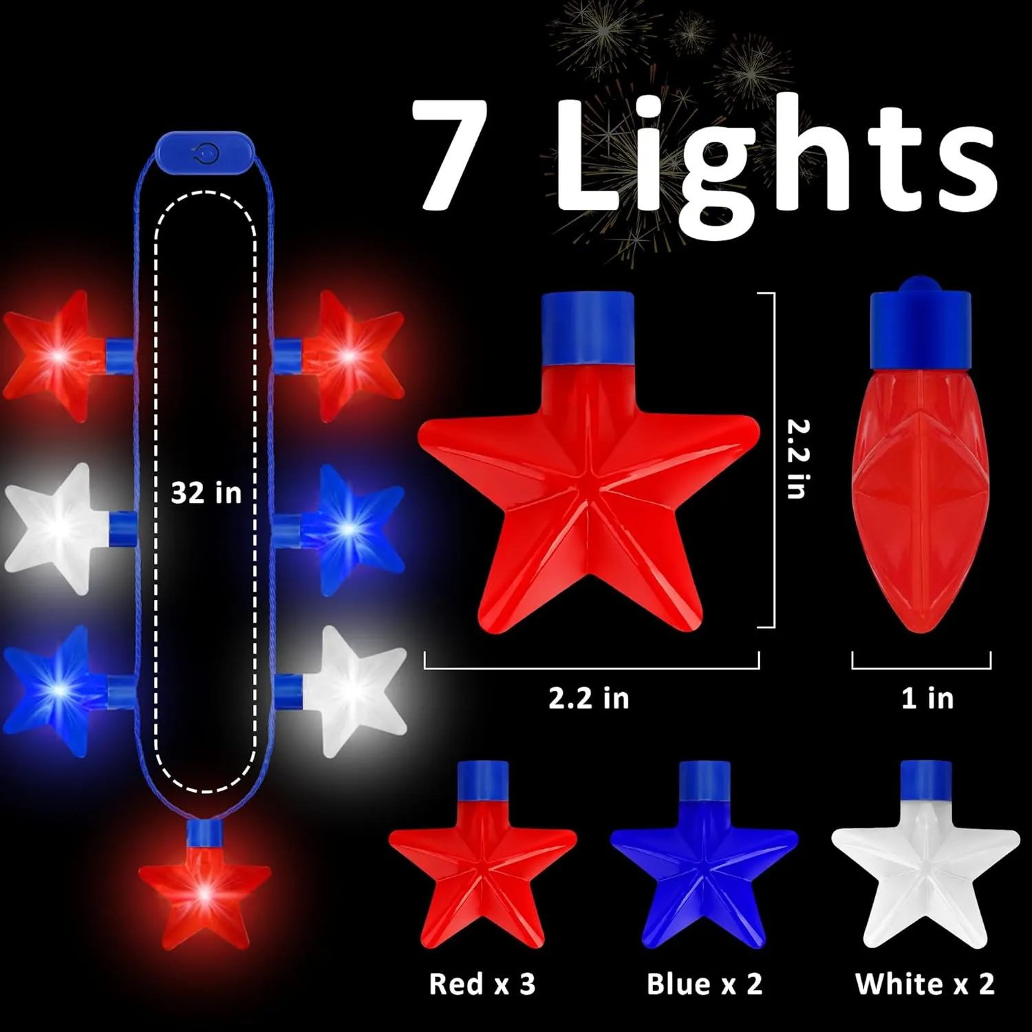 4th of July Necklace Accessories, 3PCS Fourth of July Light up Necklaces, Patriotic Independence Day 7 Bulb Red Blue White Stars Accessories, Glow Necklace for Memorial Day Parades Party Favors Supplies