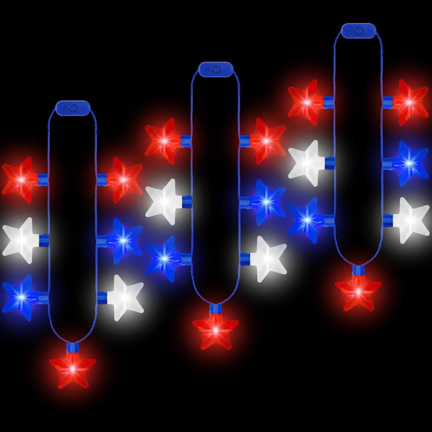 4th of July Necklace Accessories, 3PCS Fourth of July Light up Necklaces, Patriotic Independence Day 7 Bulb Red Blue White Stars Accessories, Glow Necklace for Memorial Day Parades Party Favors Supplies