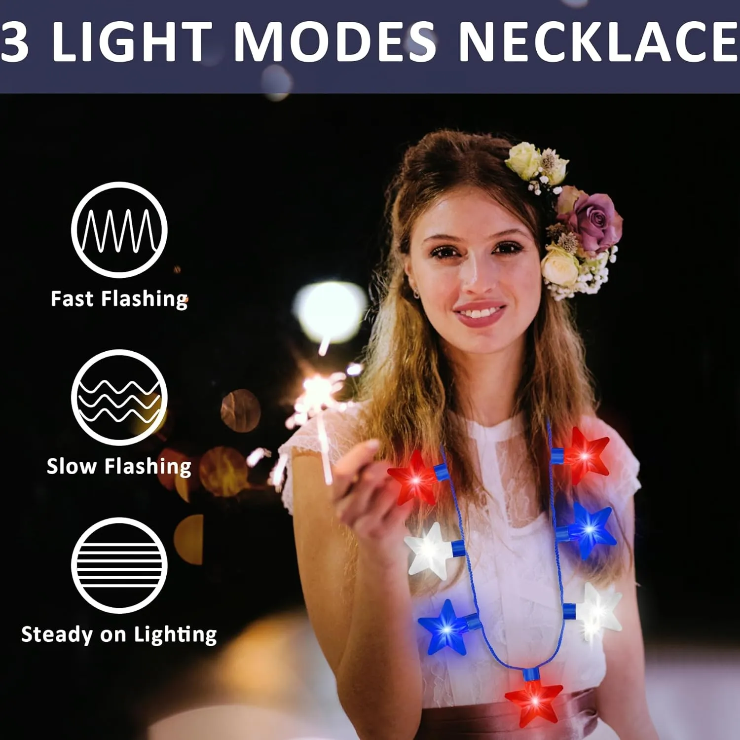 4th of July Necklace Accessories, 3PCS Fourth of July Light up Necklaces, Patriotic Independence Day 7 Bulb Red Blue White Stars Accessories, Glow Necklace for Memorial Day Parades Party Favors Supplies