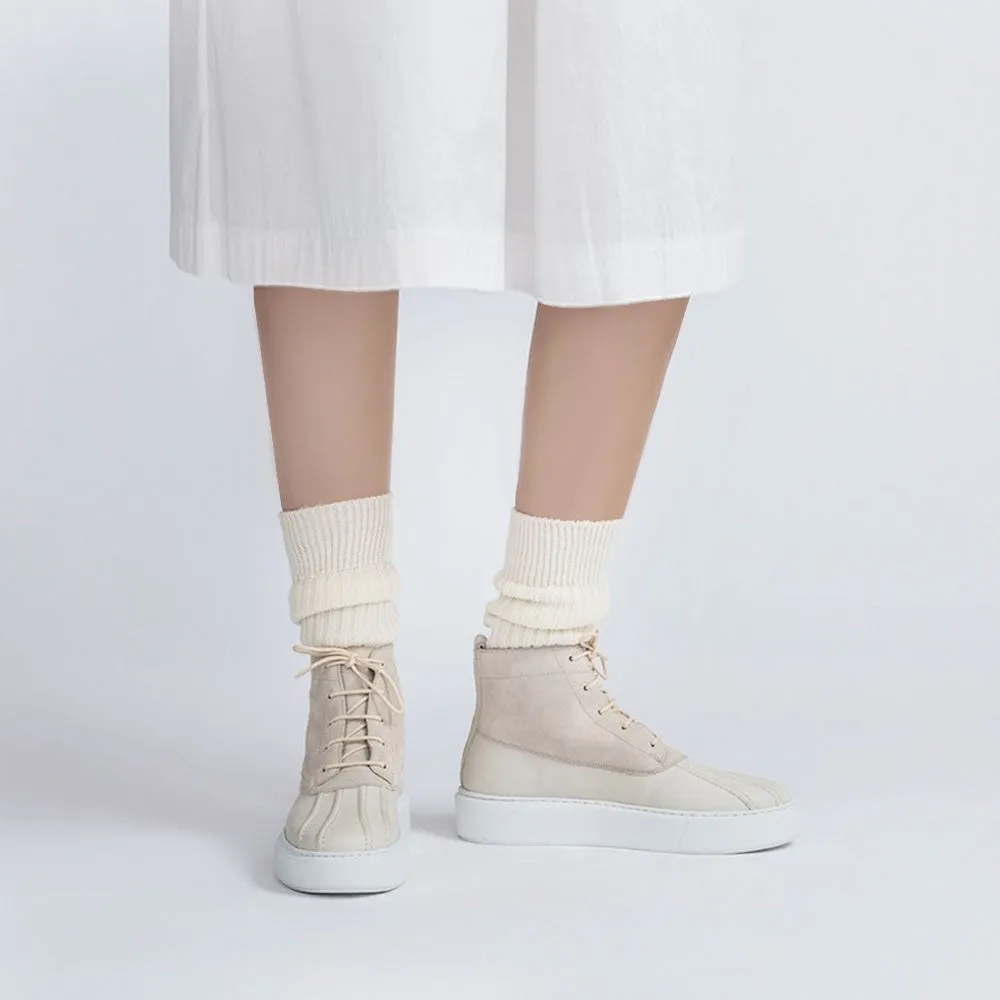 7CM / 2.76 Inches CMR CHAMARIPA Women High Top Wedge & Suede Chunkysneaker Boots