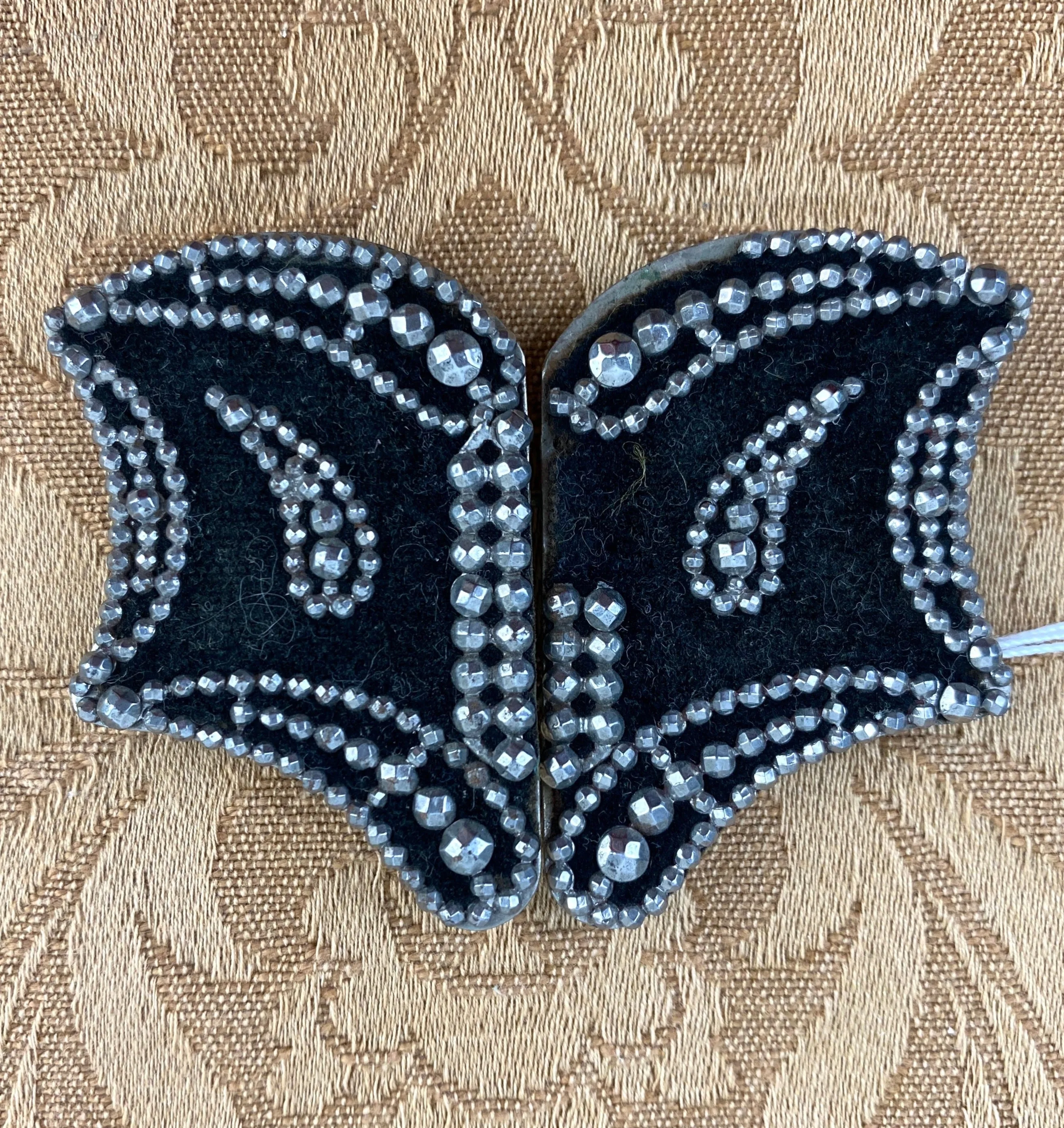 Antique Victorian Black Velvet Metal Cut Steel Butterfly Belt Buckle