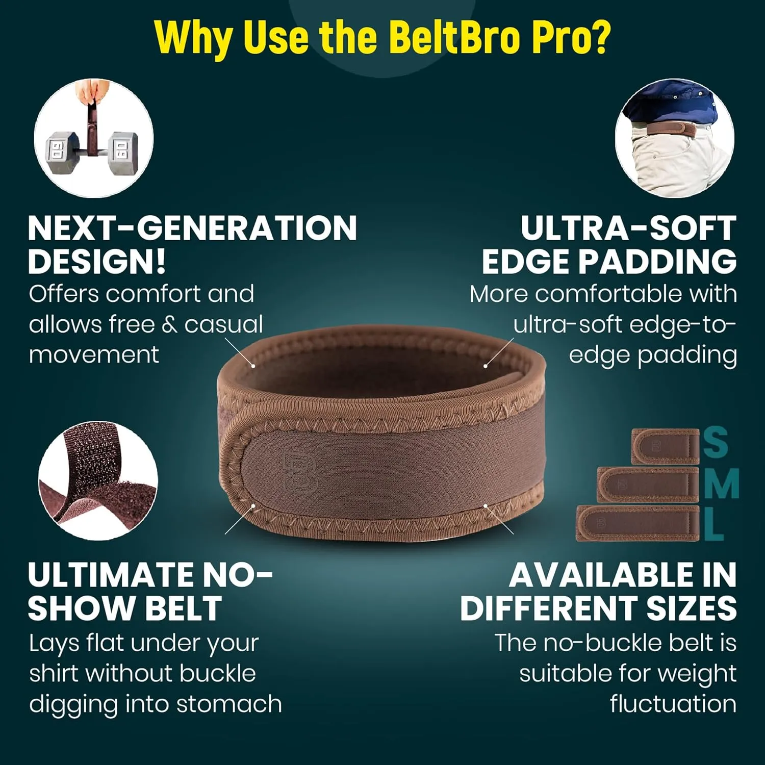 BeltBro Pro For Men  Next Generation BeltPro Buckle-Free Elastic Belt With Ultra-Soft Edge Padding - Fits 1.5 IN Belt Loops