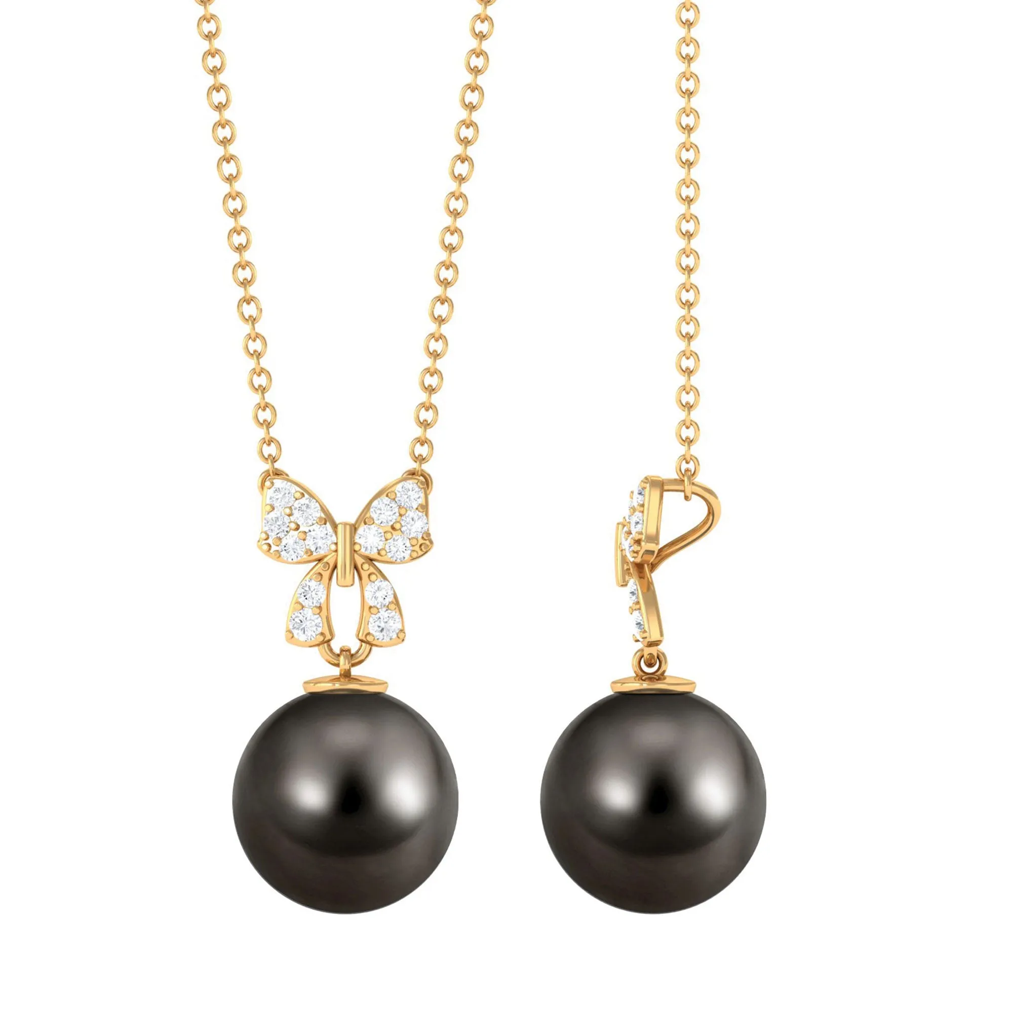 Black Pearl Drop Pendant Necklace with Diamond Bow