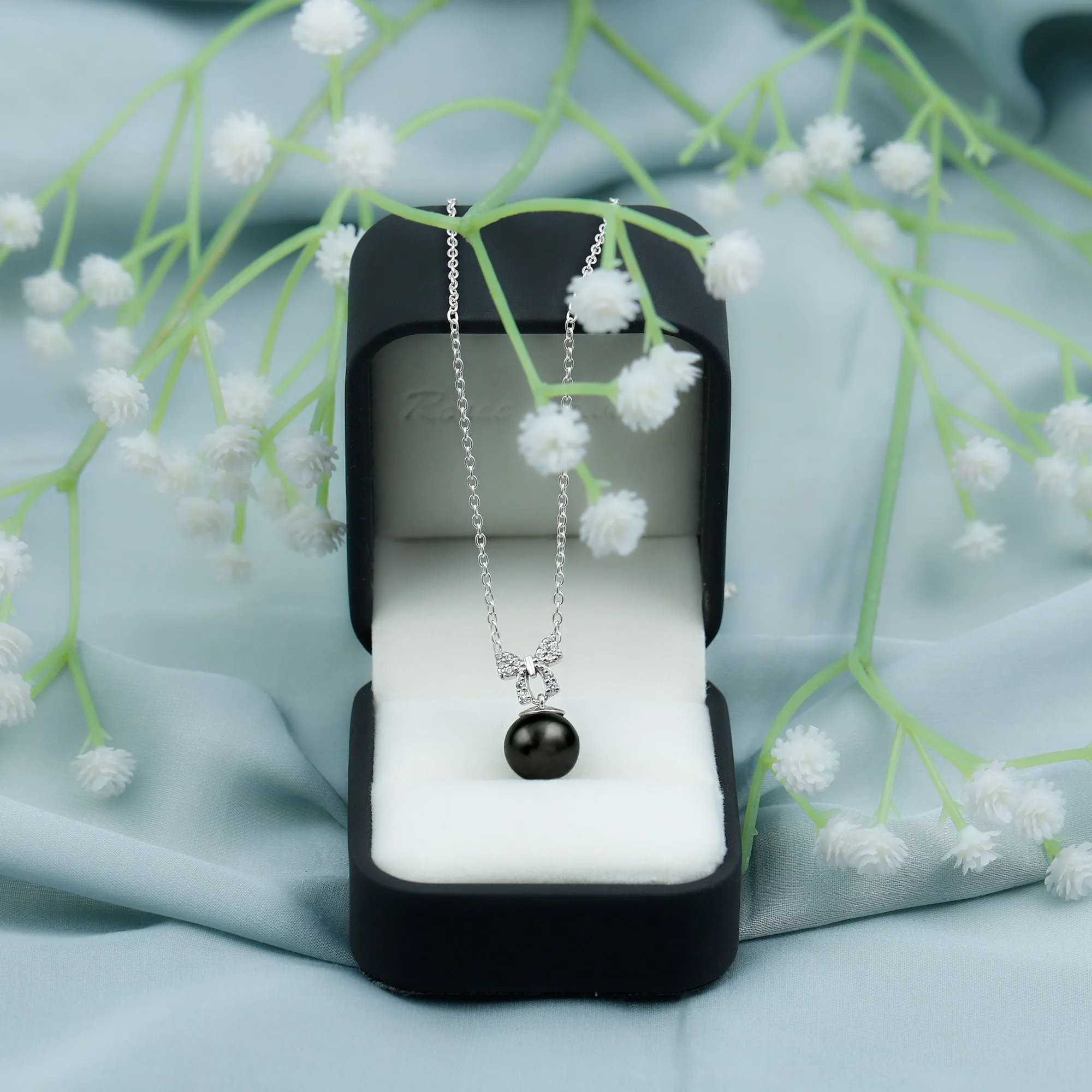 Black Pearl Drop Pendant Necklace with Diamond Bow