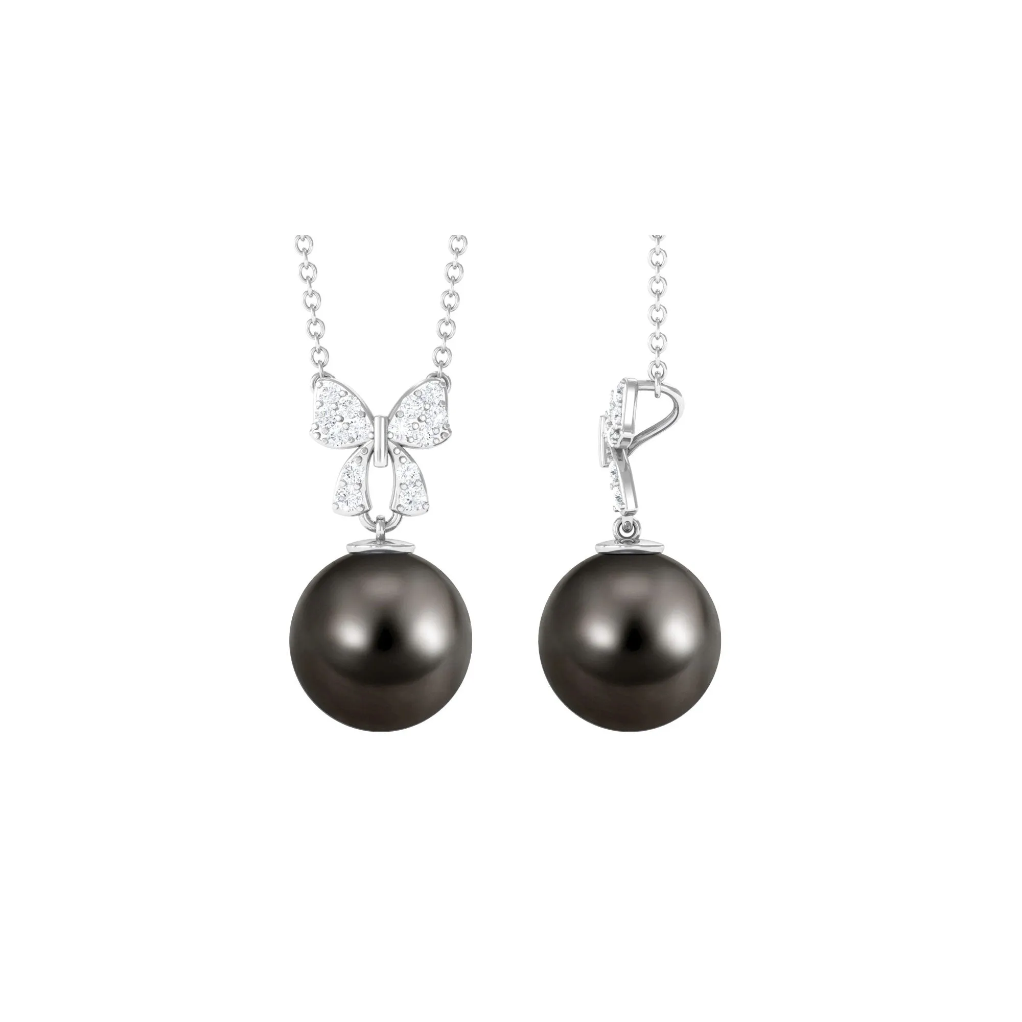 Black Pearl Drop Pendant Necklace with Diamond Bow
