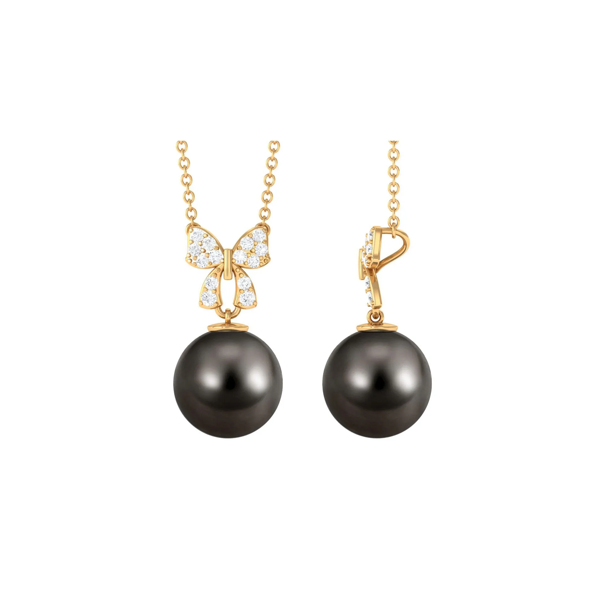 Black Pearl Drop Pendant Necklace with Diamond Bow
