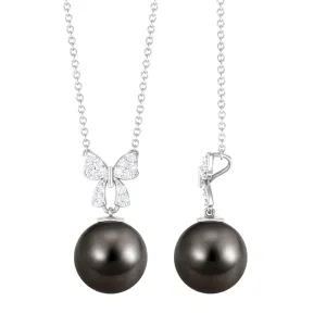 Black Pearl Drop Pendant Necklace with Diamond Bow