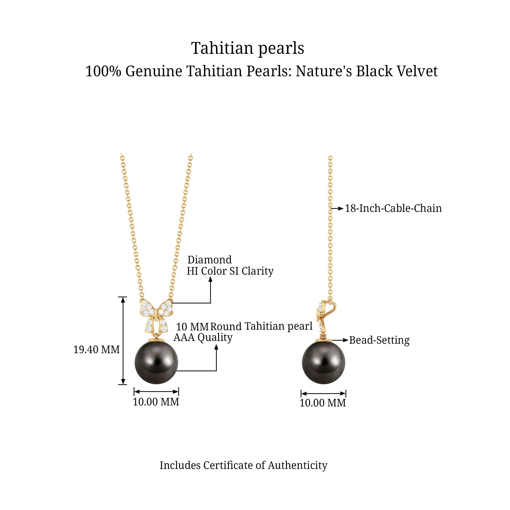 Black Pearl Drop Pendant Necklace with Diamond Bow