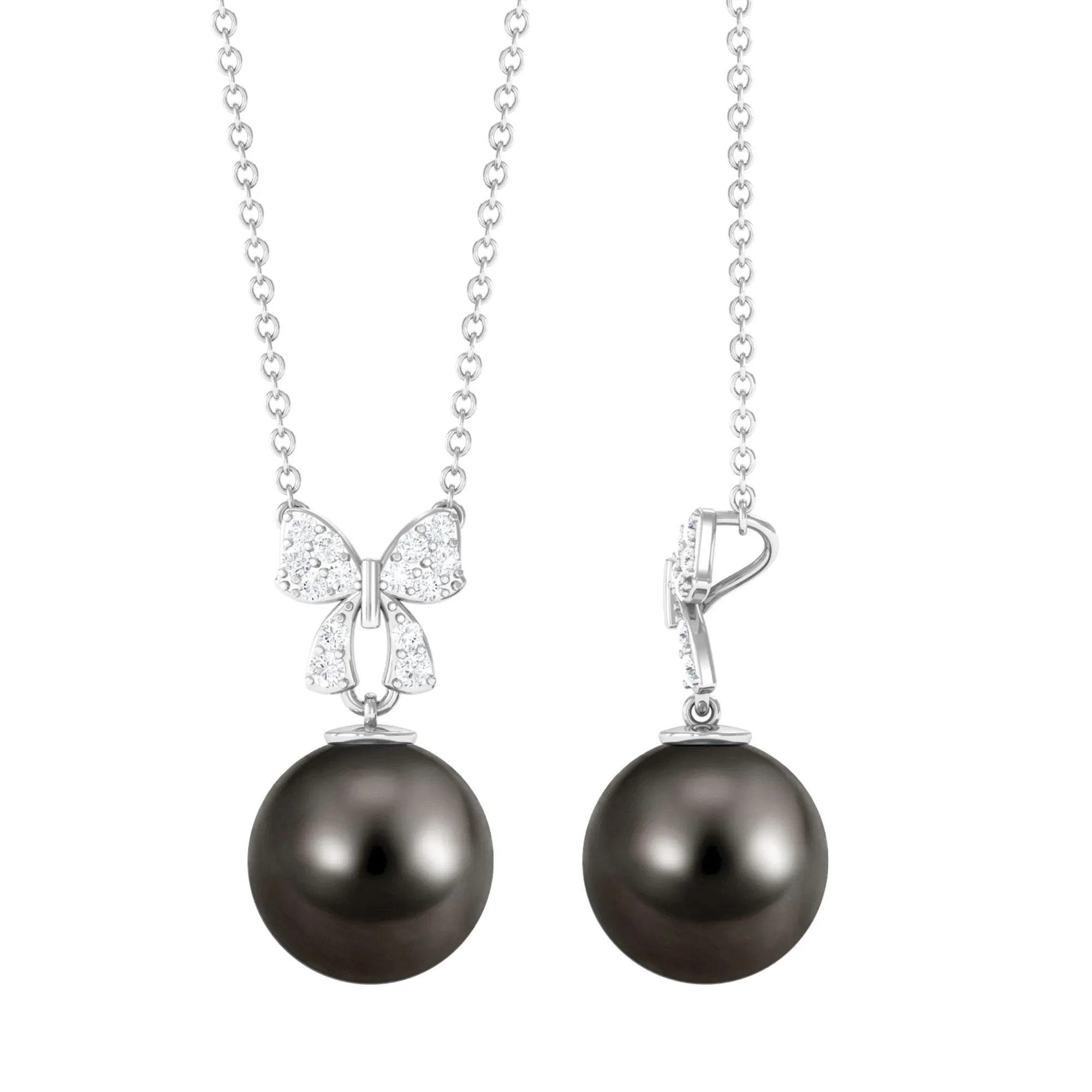 Black Pearl Drop Pendant Necklace with Diamond Bow