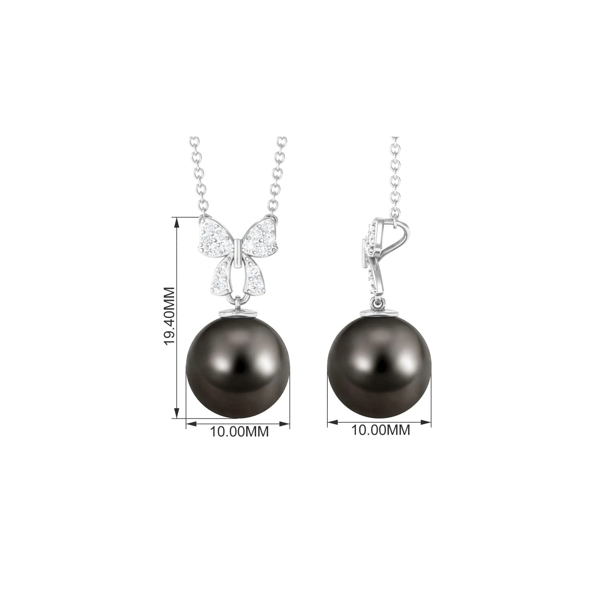 Black Pearl Drop Pendant Necklace with Diamond Bow