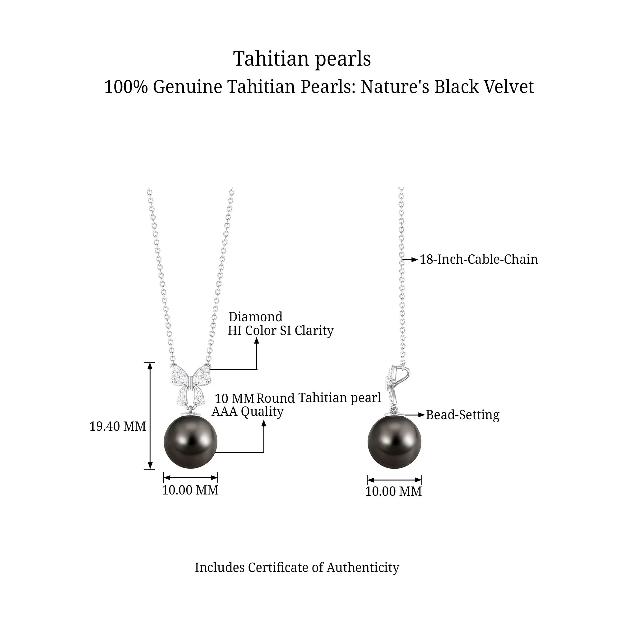 Black Pearl Drop Pendant Necklace with Diamond Bow