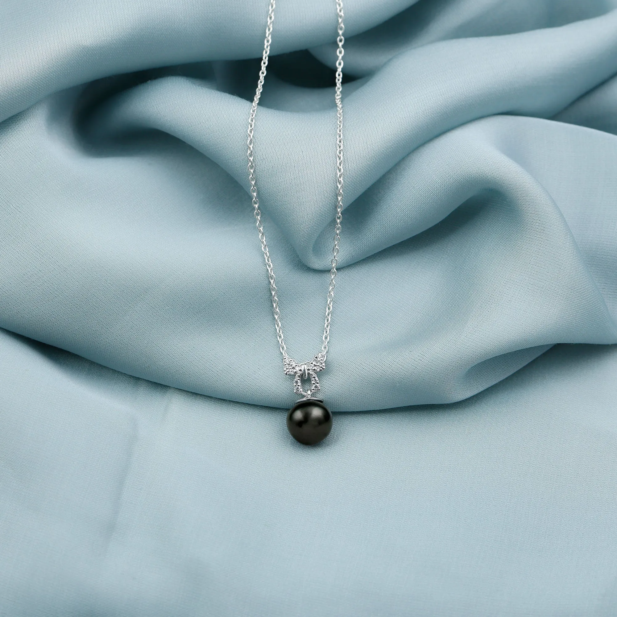 Black Pearl Drop Pendant Necklace with Diamond Bow