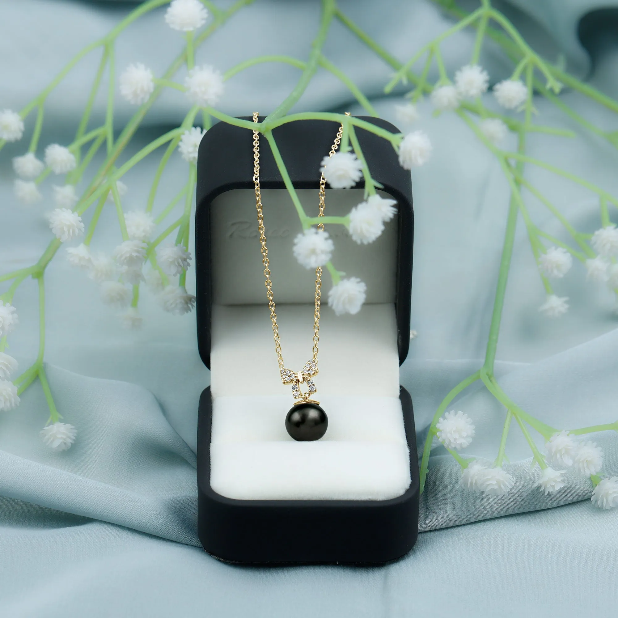Black Pearl Drop Pendant Necklace with Diamond Bow