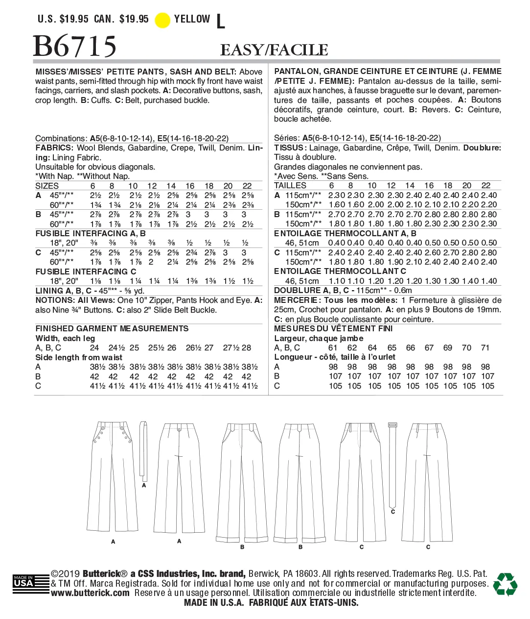 Butterick Pattern B6715 Miss Petite Pants