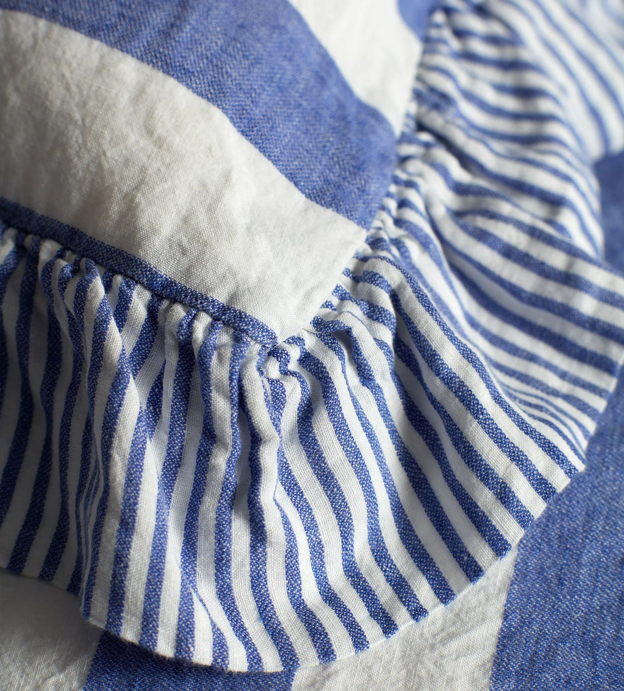 Cobalt Cora Wide Stripe 100% Linen Frill Edge Cushion Cover