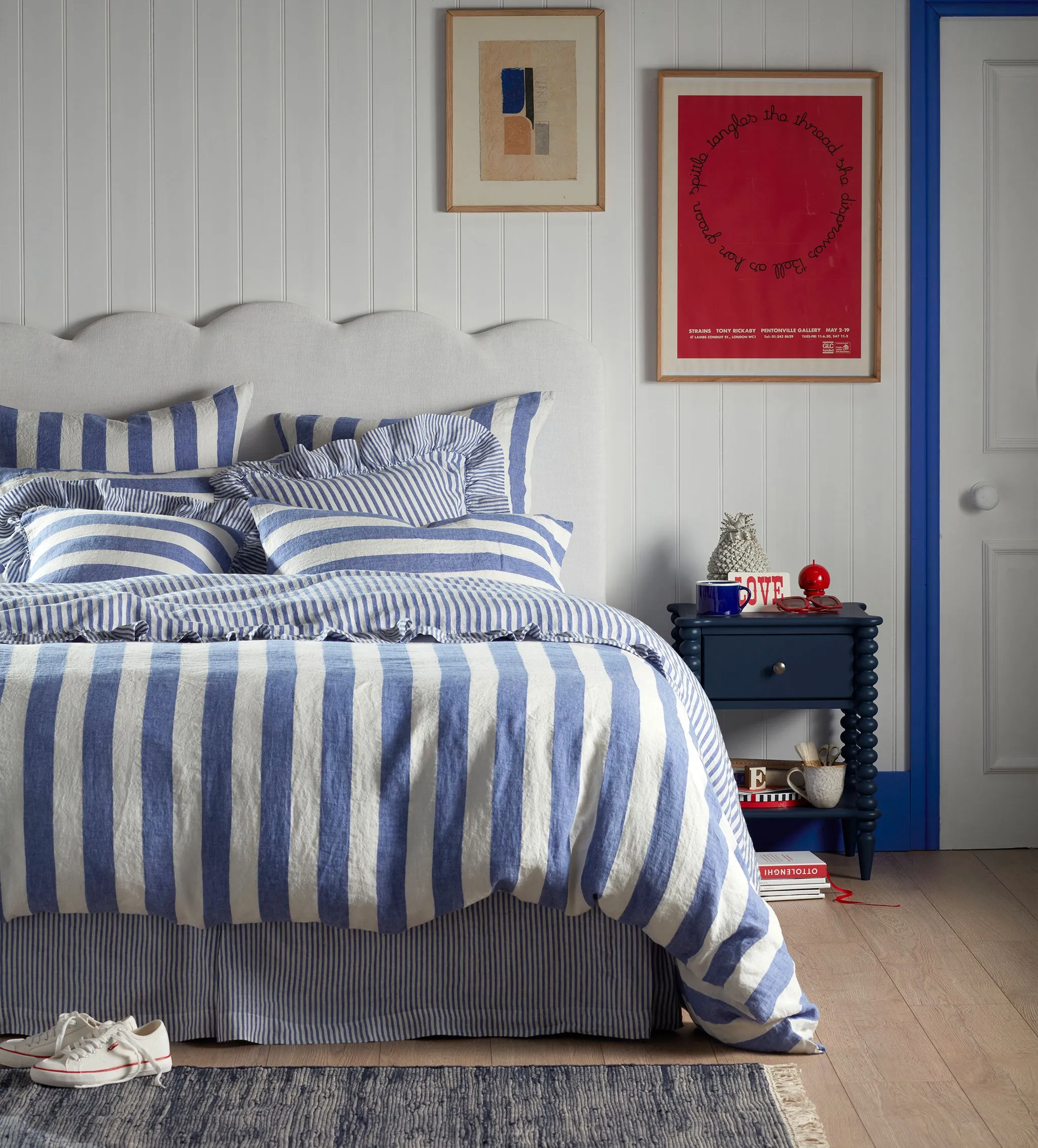 Cobalt Cora Wide Stripe 100% Linen Frill Edge Cushion Cover