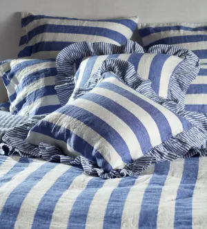 Cobalt Cora Wide Stripe 100% Linen Frill Edge Cushion Cover