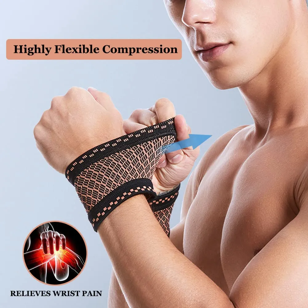 Copper Wrist Compression Brace (2Pcs), Elastic Wrist Support Sleeve Wrist Braces for Tendonitis, Arthritis, Carpal Tunnel Pain Relief, Soft Wrist Wrap Wristbands for Sport, Fitness, Workout, Typing(L)