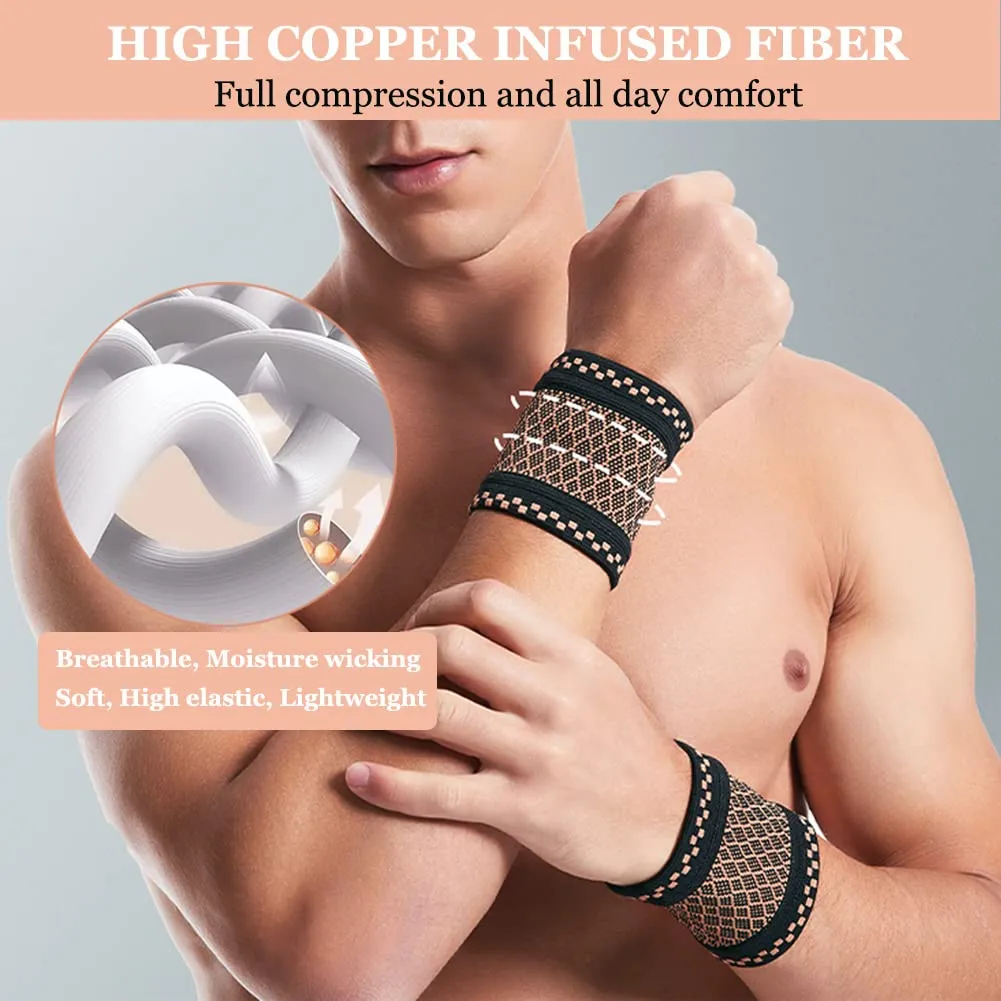 Copper Wrist Compression Brace (2Pcs), Elastic Wrist Support Sleeve Wrist Braces for Tendonitis, Arthritis, Carpal Tunnel Pain Relief, Soft Wrist Wrap Wristbands for Sport, Fitness, Workout, Typing(L)