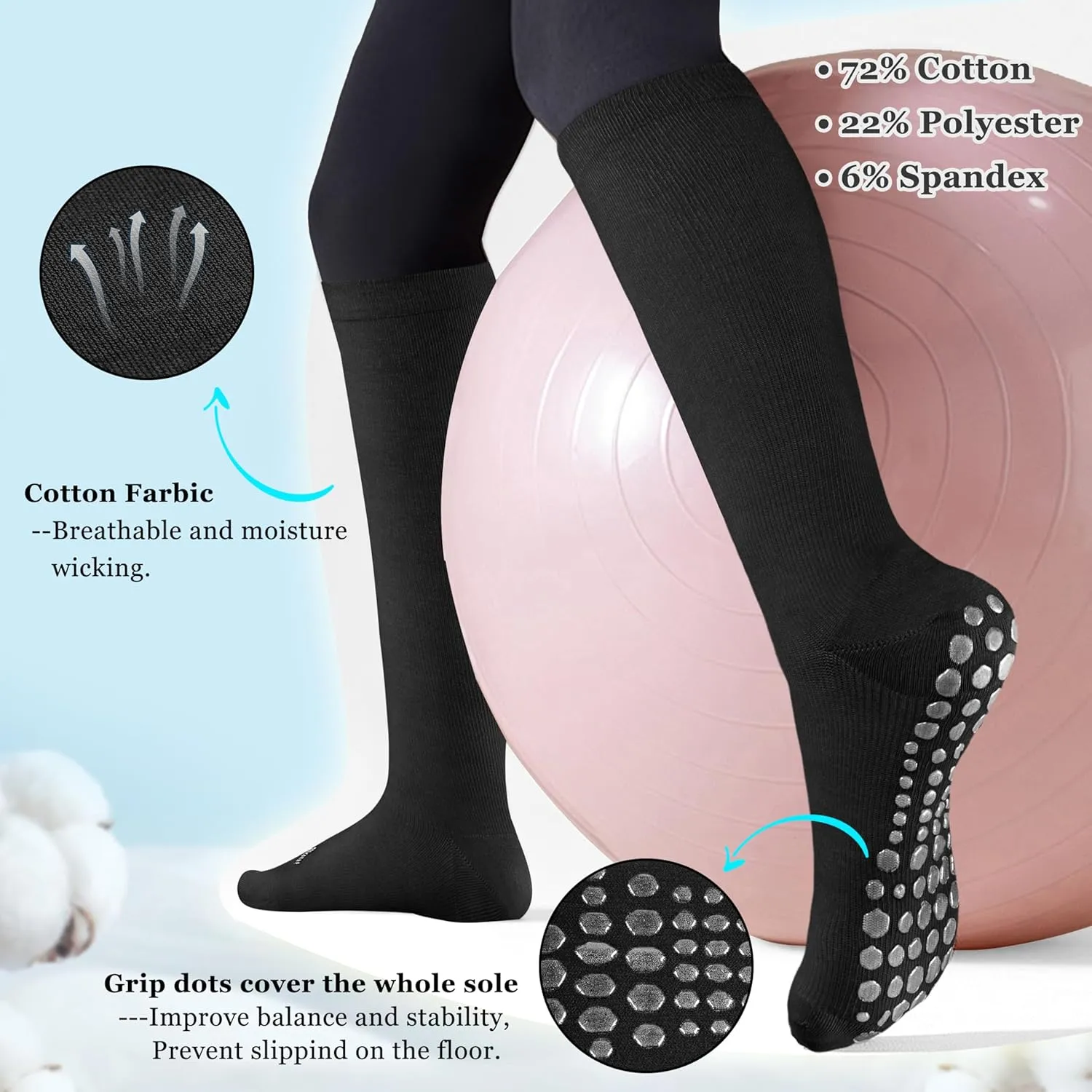 Cotton Compression Socks for Women&Men with Grips Non Slip 15-20mmHg Knee High Cute Sock for Nurses, Pregnancy, Yoga