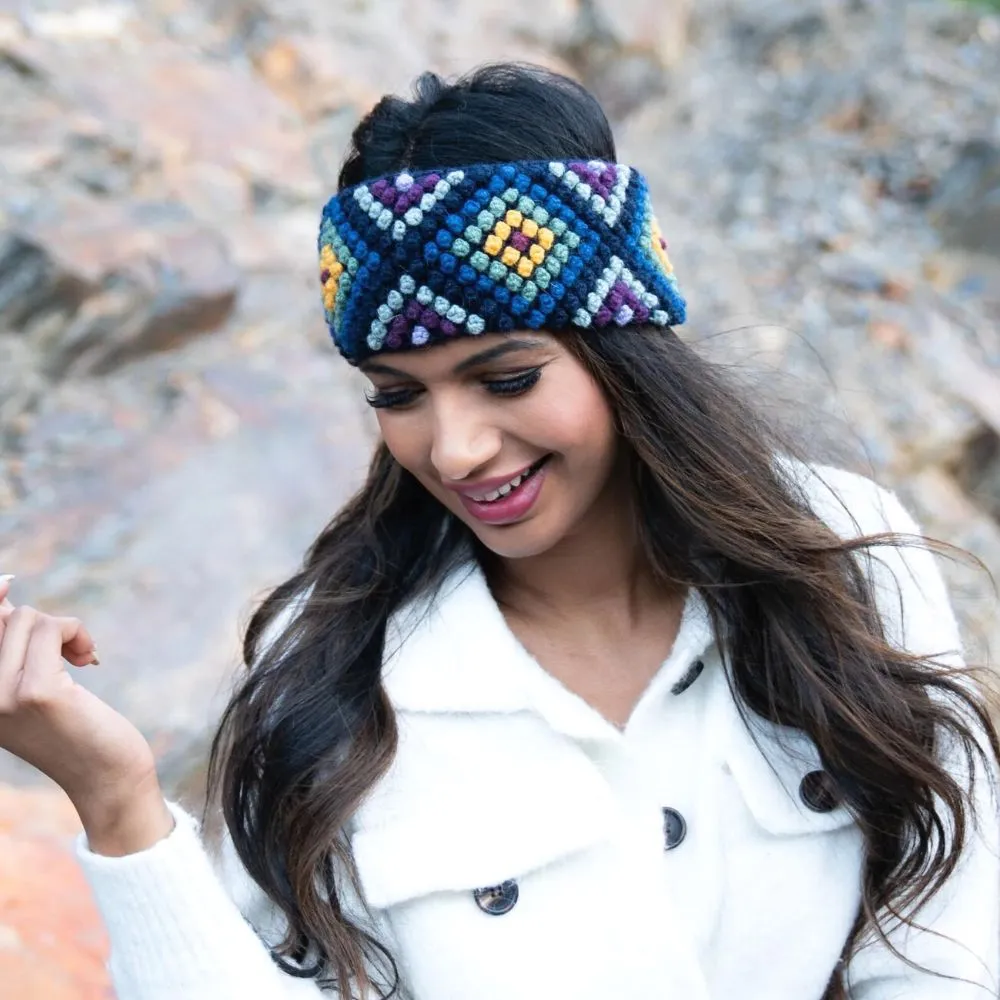 Diamond Hand-knit Ear Warmer - Navy