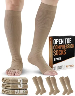 Doctor's Select 3 Pairs Copper Toeless Compression Socks Women & Men - 20-30 mmHg Open Toe, Knee High, Nude Compression Socks, Compression Socks for Women Nude, Tan
