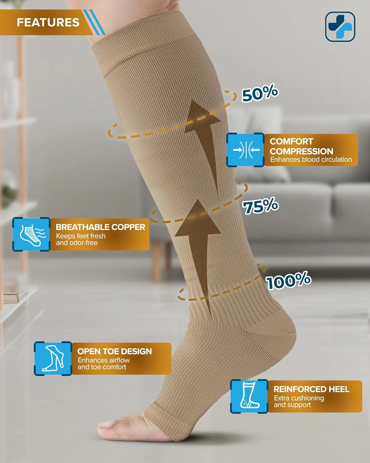 Doctor's Select 3 Pairs Copper Toeless Compression Socks Women & Men - 20-30 mmHg Open Toe, Knee High, Nude Compression Socks, Compression Socks for Women Nude, Tan