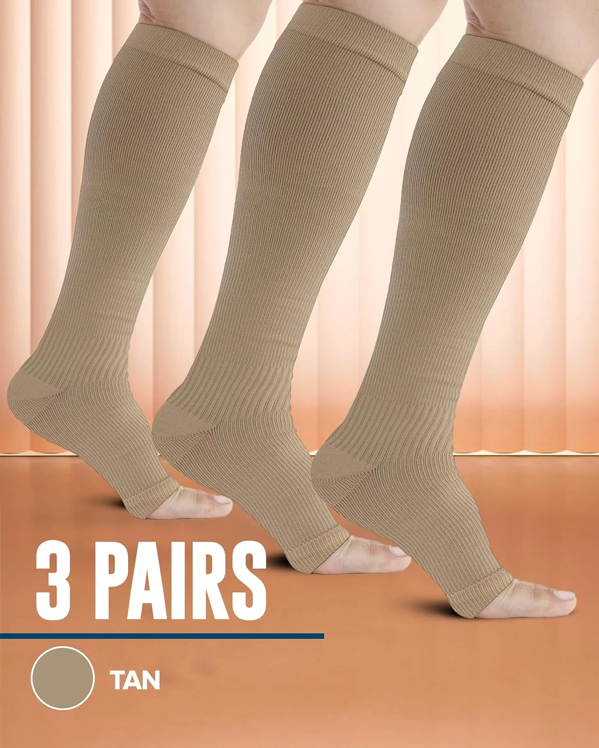 Doctor's Select 3 Pairs Copper Toeless Compression Socks Women & Men - 20-30 mmHg Open Toe, Knee High, Nude Compression Socks, Compression Socks for Women Nude, Tan