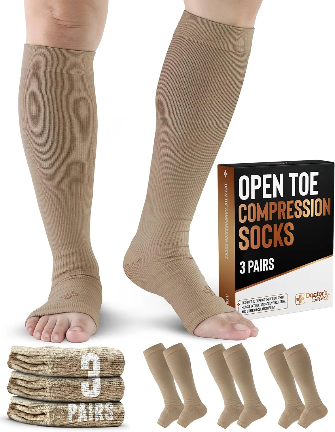Doctor's Select 3 Pairs Copper Toeless Compression Socks Women & Men - 20-30 mmHg Open Toe, Knee High, Nude Compression Socks, Compression Socks for Women Nude, Tan