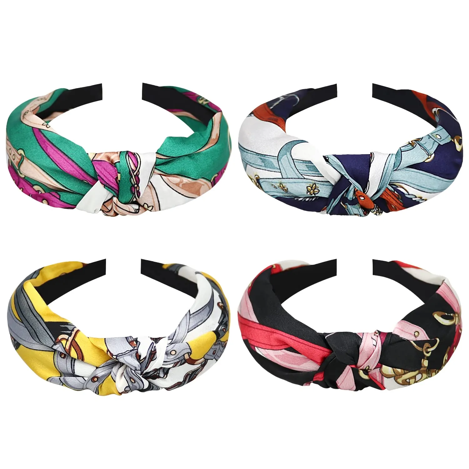 DRESHOW 4 Pack Boho Fashion Turban Headbands for Women Girls Flower Printed Plastic Head Band Vintage Cross Hair Accessories