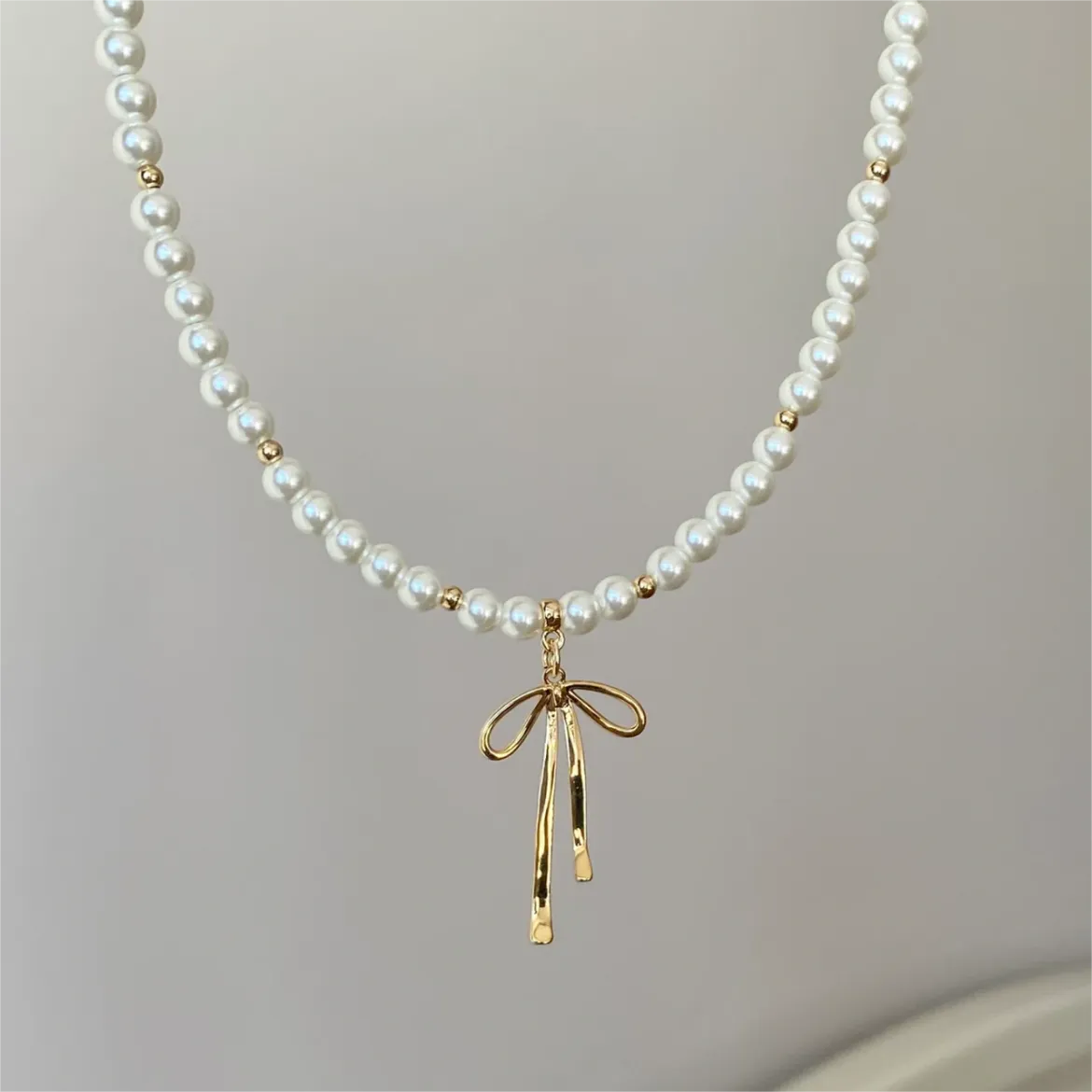 Elegant Gold Silver Plated Bowknot Pendant Pearl Chain Necklace