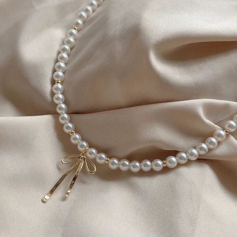 Elegant Gold Silver Plated Bowknot Pendant Pearl Chain Necklace