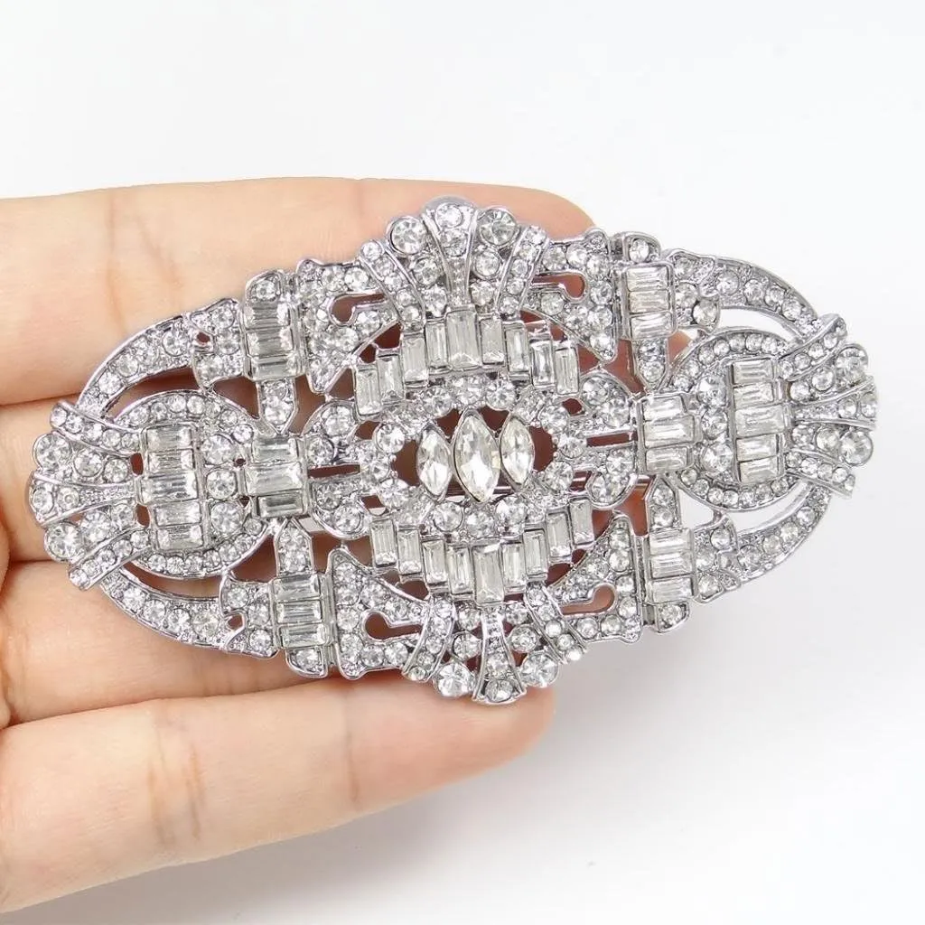 EVER FAITH Austrian Crystal Wedding Art Deco Buckle Brooch Clear