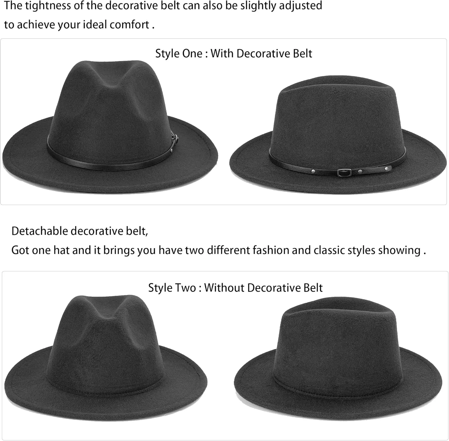 Felt Fedora Hat Womens Classic Hat Wide Brim Jazz Hat with Belt Buckle