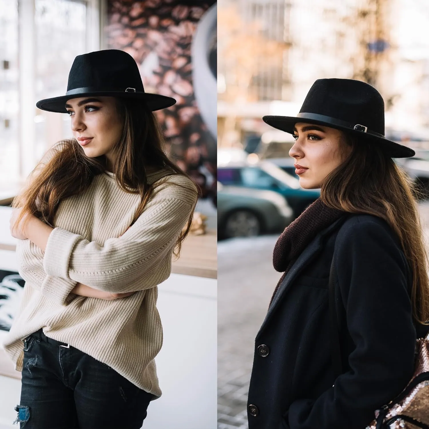 Felt Fedora Hat Womens Classic Hat Wide Brim Jazz Hat with Belt Buckle