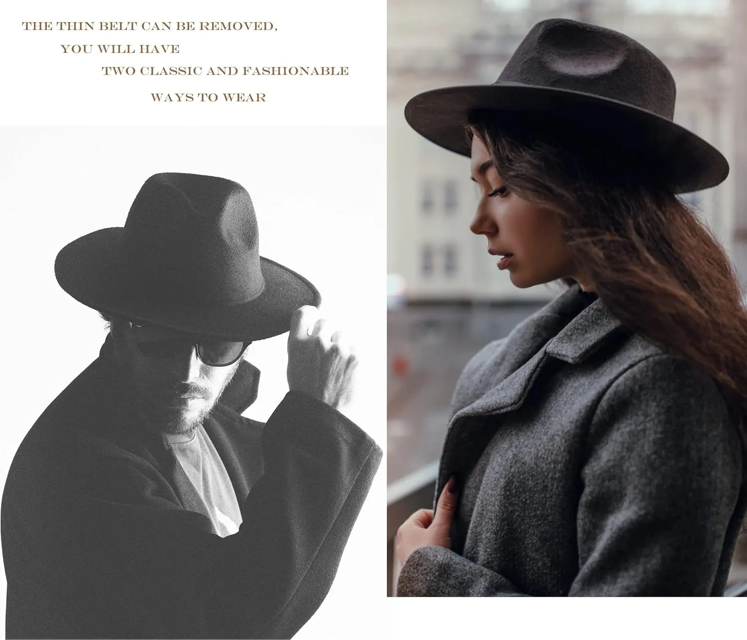 Felt Fedora Hat Womens Classic Hat Wide Brim Jazz Hat with Belt Buckle
