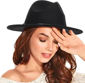 Felt Fedora Hat Womens Classic Hat Wide Brim Jazz Hat with Belt Buckle
