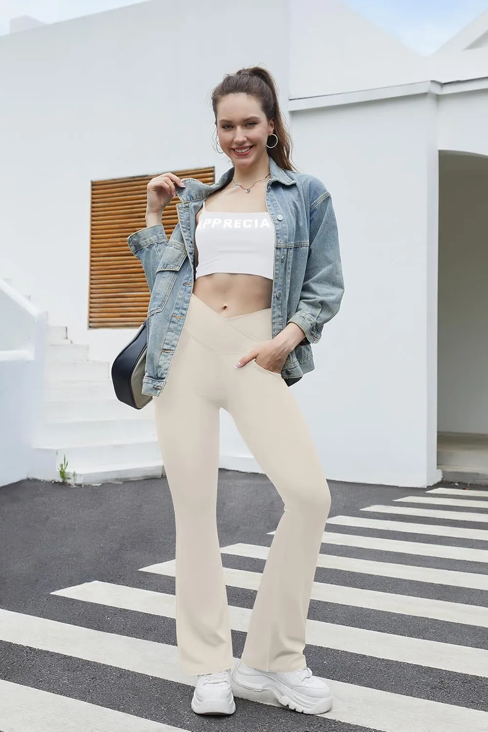 Flare Leggings for Women Yoga Pants with Pockets High Waisted Crossover Flare Leggings Bootcut Casual Yoga Pants