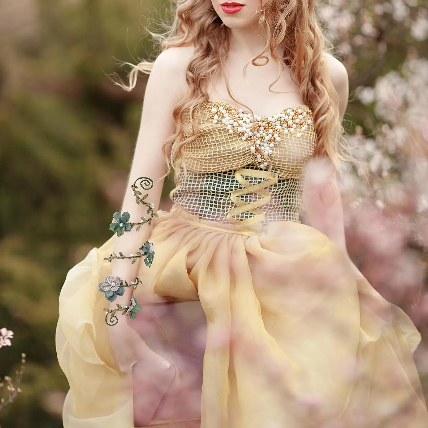 FRESHME Elf Floral Arm Wrap - 1 PC Renaissance Green Flower Bracelet Poison Ivy Costume Forest Mother Nature Elven Arm Cuff Renfaire Cosplay Photoshoot Fantasy Dress Up Prom Accessories for Women