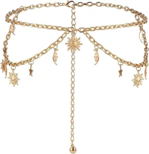 Gold Multilayer Waist Chain for Women - Sun Moon Waist Belt Body Chain for Dress Jewelry