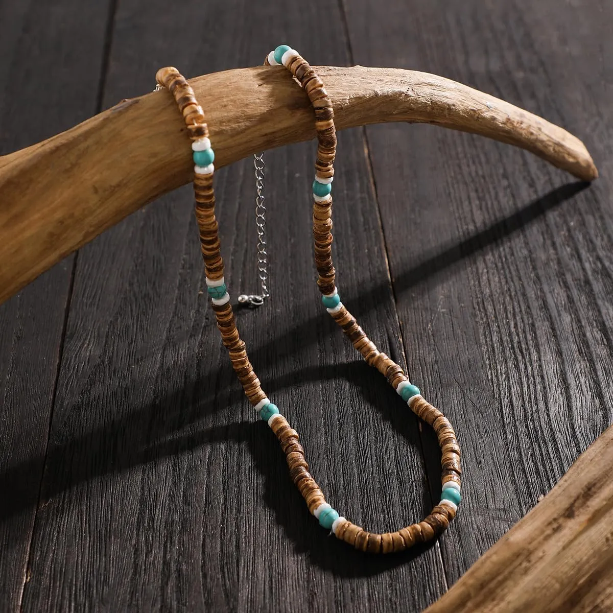 Handmade Puka Shell Necklace Beaded Necklace for Men,Men Surfer Necklace Mens Brown Coconut Seashell Turquoise Heishi Choker Necklace for Women,Summer Conch Beach Necklace Jewelry (C)