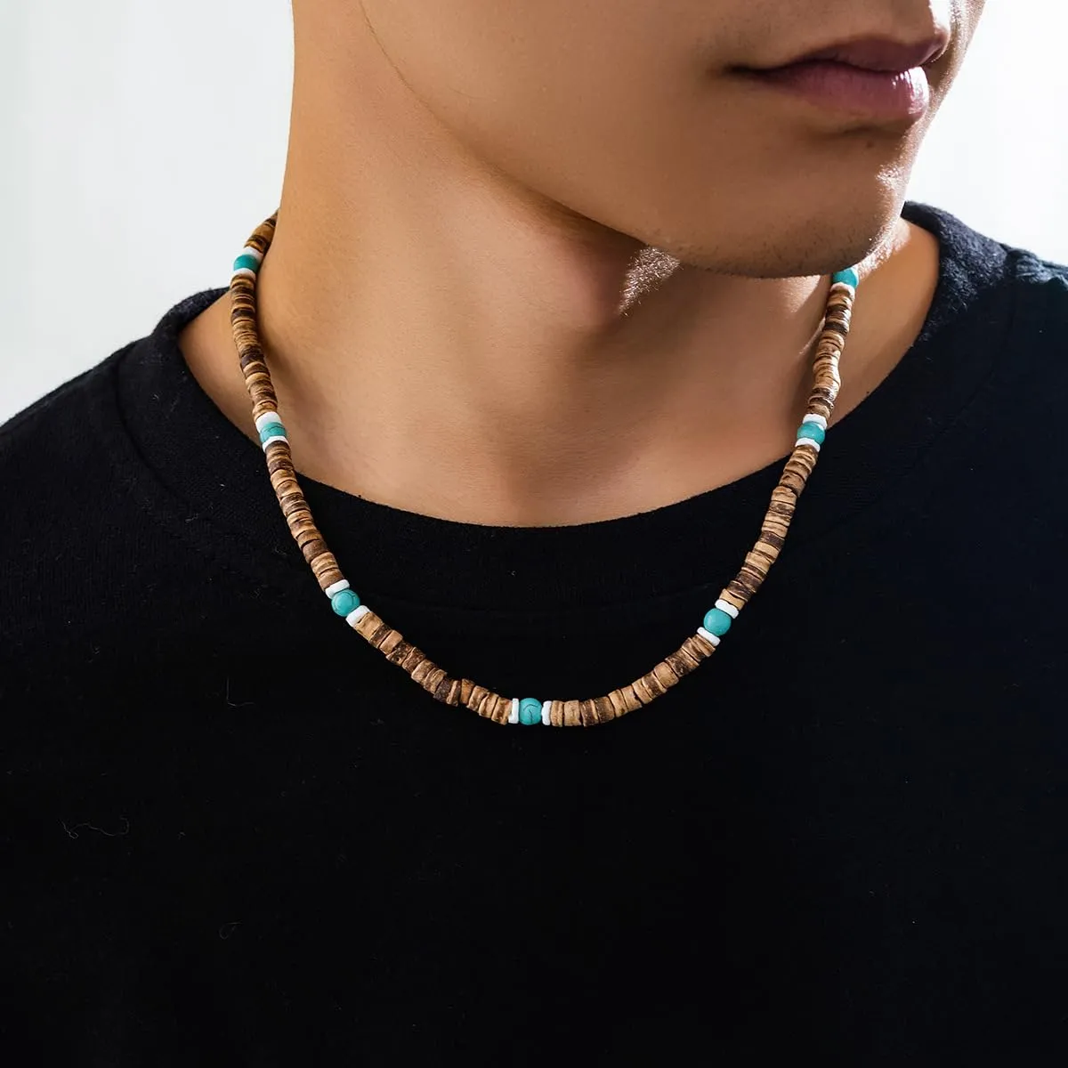 Handmade Puka Shell Necklace Beaded Necklace for Men,Men Surfer Necklace Mens Brown Coconut Seashell Turquoise Heishi Choker Necklace for Women,Summer Conch Beach Necklace Jewelry (C)