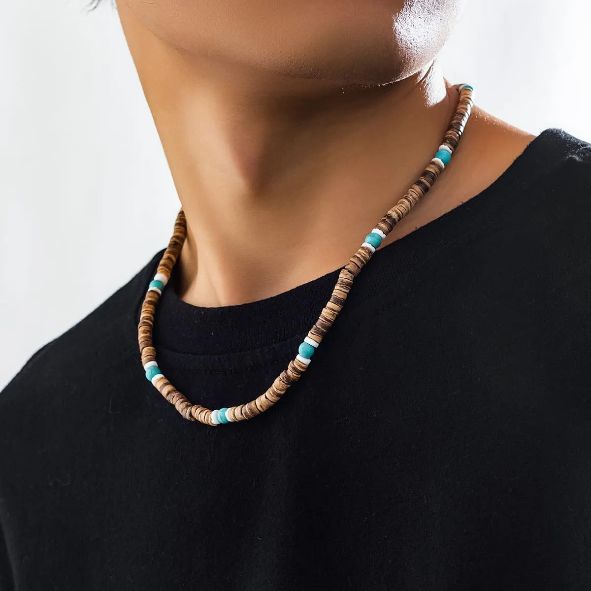 Handmade Puka Shell Necklace Beaded Necklace for Men,Men Surfer Necklace Mens Brown Coconut Seashell Turquoise Heishi Choker Necklace for Women,Summer Conch Beach Necklace Jewelry (C)