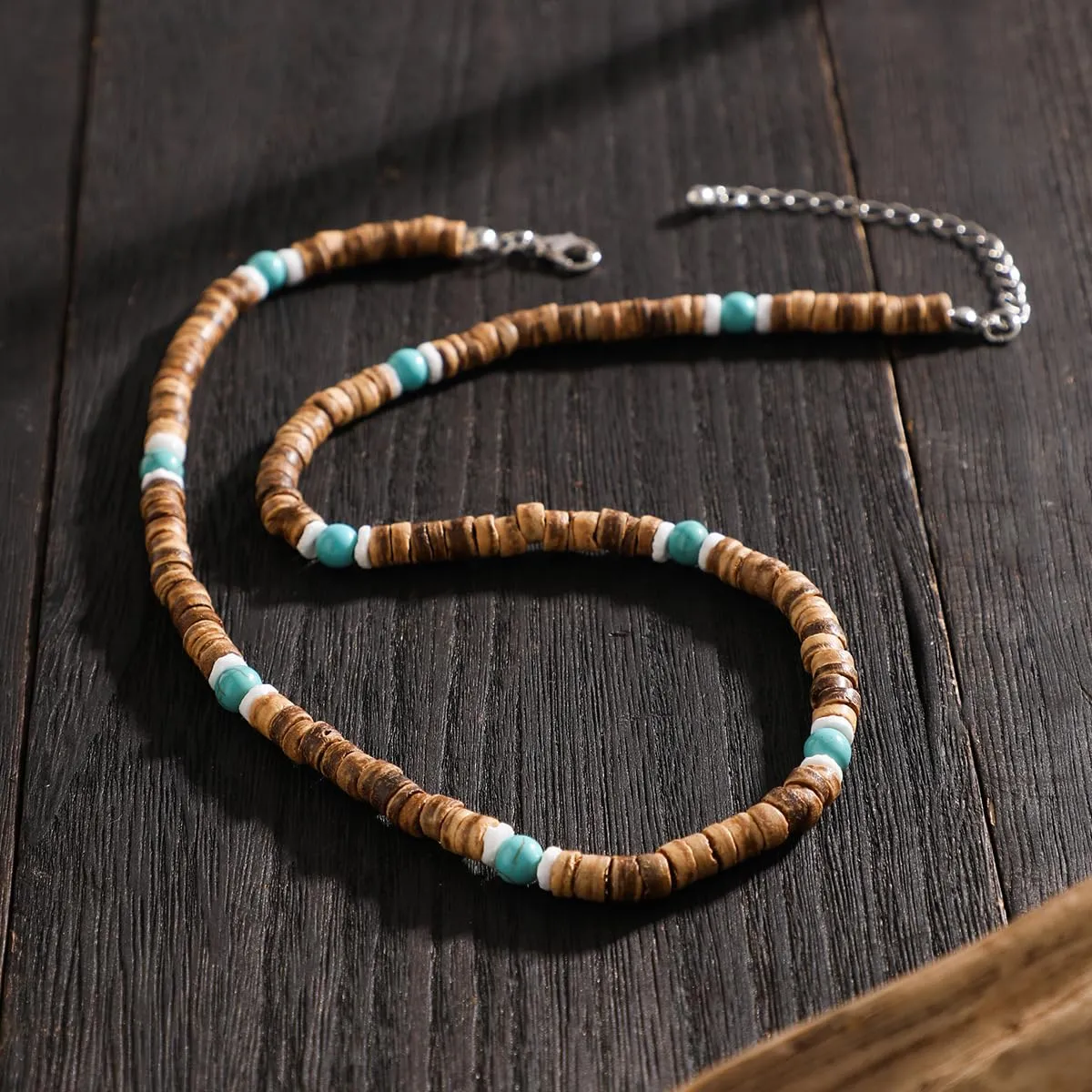 Handmade Puka Shell Necklace Beaded Necklace for Men,Men Surfer Necklace Mens Brown Coconut Seashell Turquoise Heishi Choker Necklace for Women,Summer Conch Beach Necklace Jewelry (C)