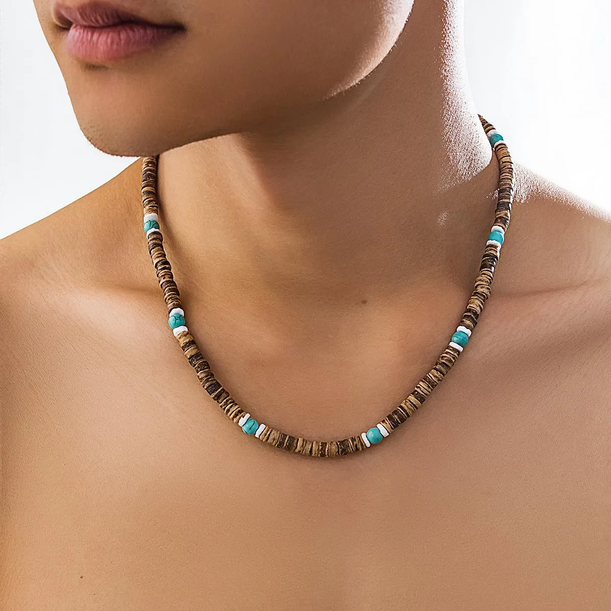 Handmade Puka Shell Necklace Beaded Necklace for Men,Men Surfer Necklace Mens Brown Coconut Seashell Turquoise Heishi Choker Necklace for Women,Summer Conch Beach Necklace Jewelry (C)