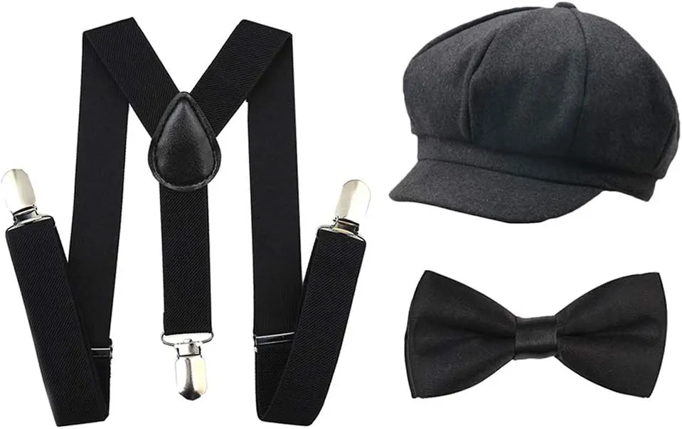 Kids Boys Suspenders and Bow Tie Set 1920s Great Gatsby Gangster Newsboy Hat Cap Costume Accessories
