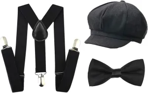 Kids Boys Suspenders and Bow Tie Set 1920s Great Gatsby Gangster Newsboy Hat Cap Costume Accessories