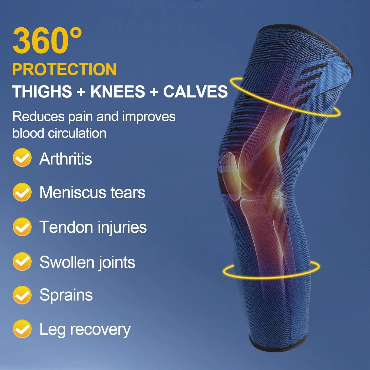 Leg Compression Sleeve 1 Pair Long Knee Braces for Women and Men Knee Support with Non Slip Silicone for Sports Running